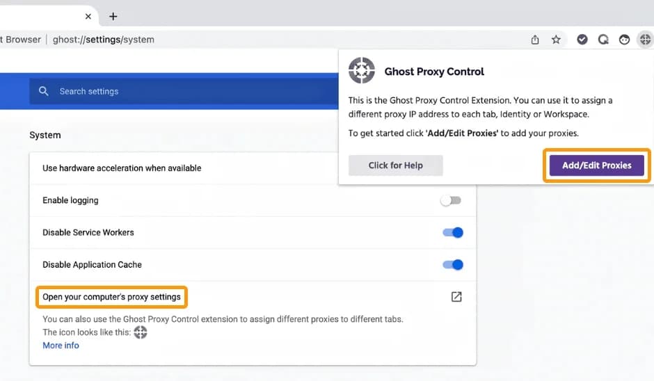 Configuring proxy servers in Ghost Browser