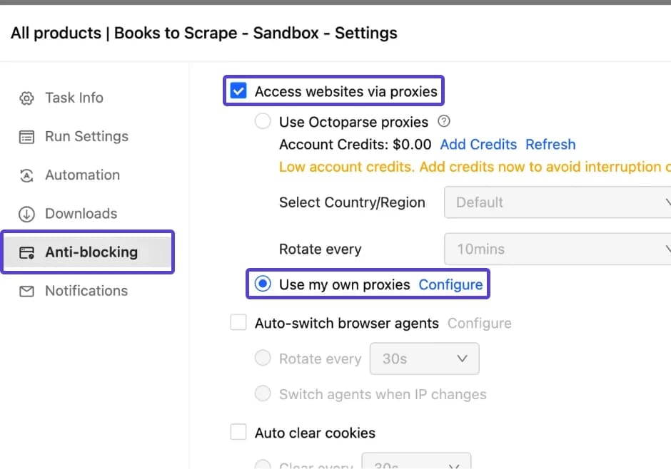 Configuring proxy servers with Octoparse