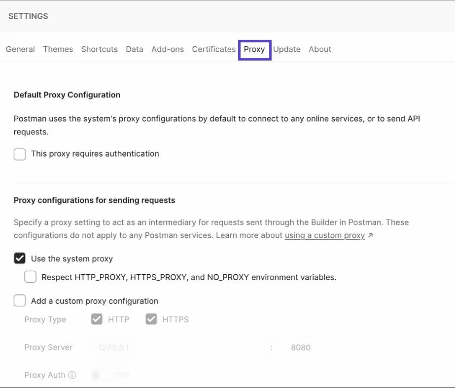 Setting up a proxy server in Postman