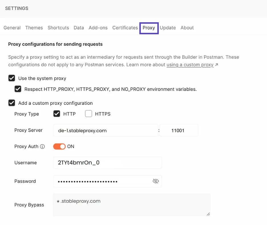 Setting up a proxy server in Postman